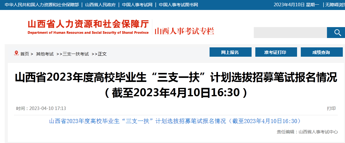 山西省2023年度高校畢業(yè)生“三支一扶”計劃選拔招募筆試報名情況（截至2023年4月10日16:30）(圖1)